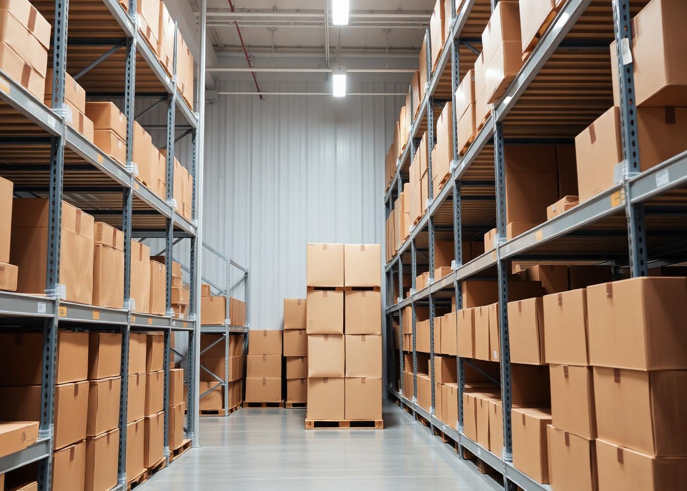 Ready-stock corrugated boxes on warehouse shelving