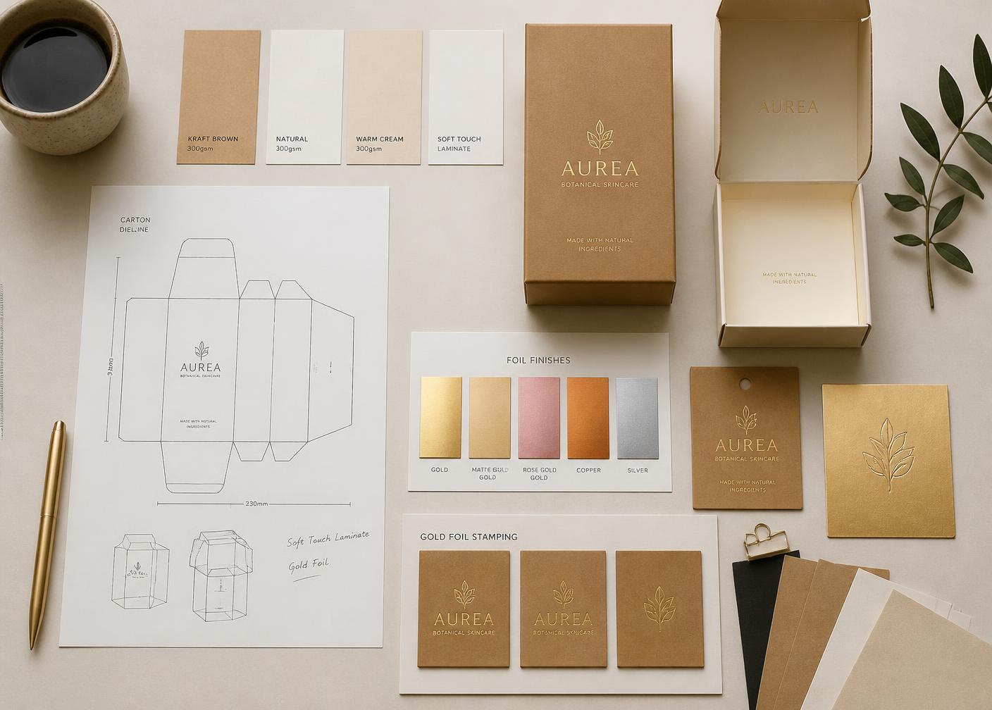 Packaging design studio with paper swatches, foil samples and dielines