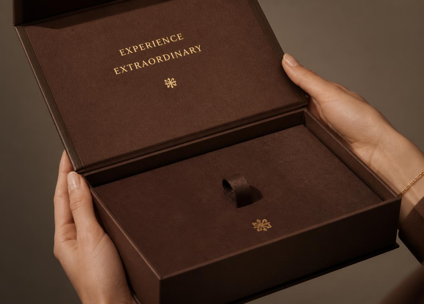 Hands opening a luxury magnetic closure gift box